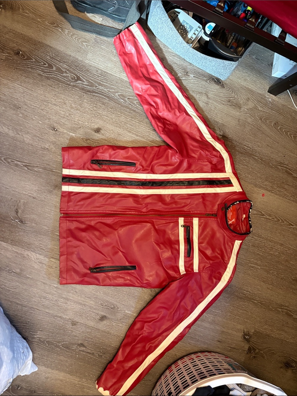 Men's Red Zip-Front Racing Jacket with Contrast Stripes